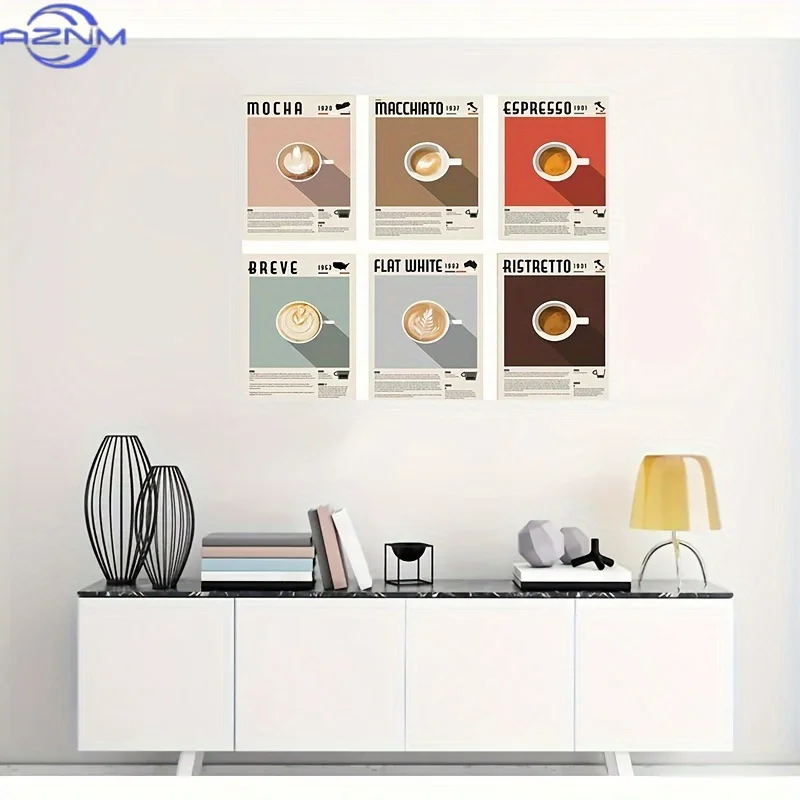 Six Pieces of American-Style Coffee Latte Art Decorative Paintings, Wall Art Canvas Prints, Home Decor for Living Rooms, Bars, A