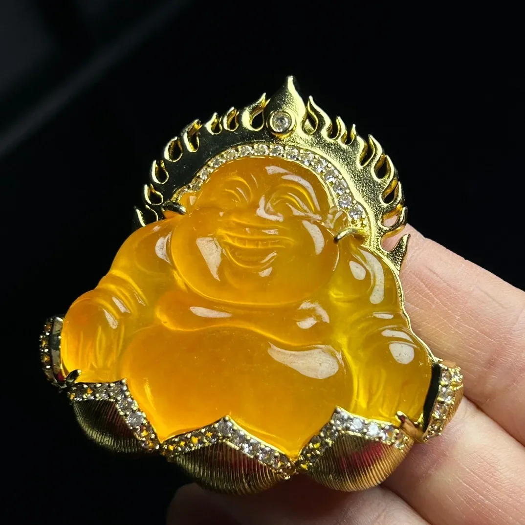 Certified Natural High Ice Yellow Jade Jadeite inlay Buddha Pendant & Necklaces