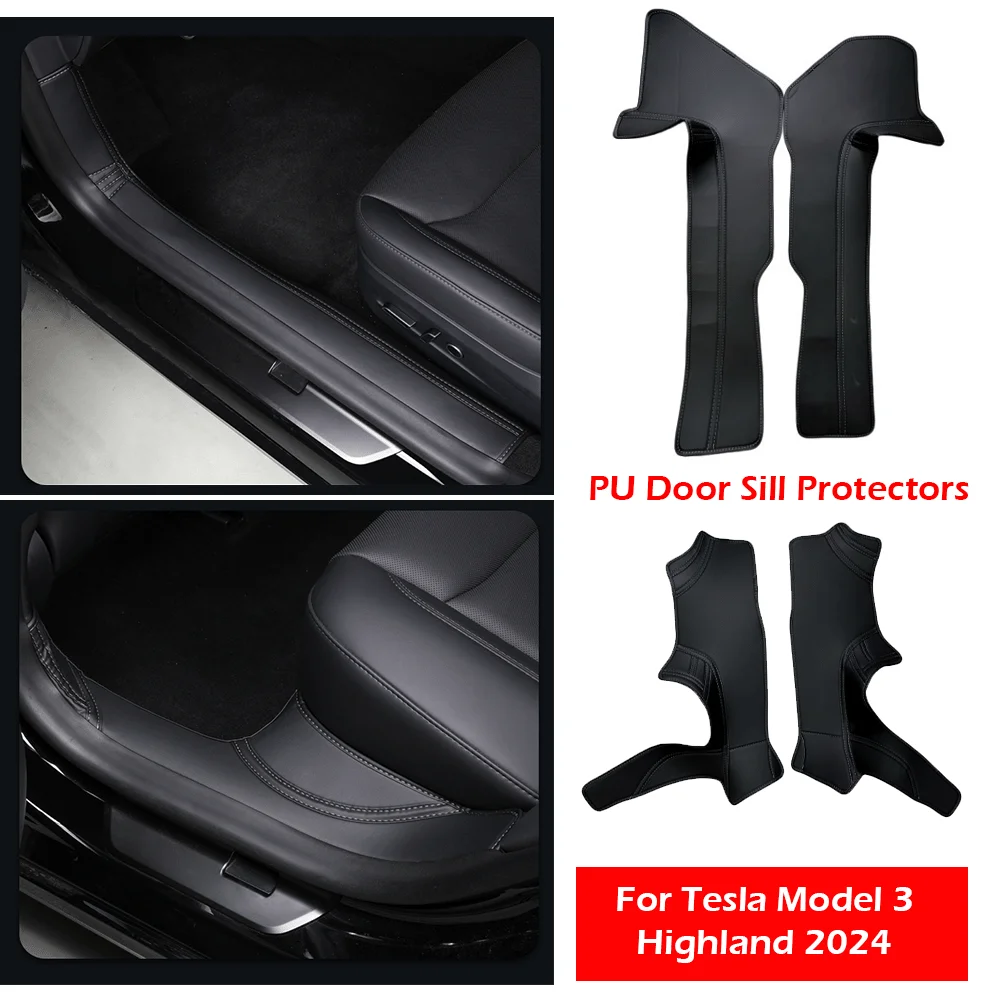 

4PCS Black PU Door Sill Protectors For Tesla Model 3 Highland 2024 Scratch-Resistant New For Model 3 Interior Car Protection