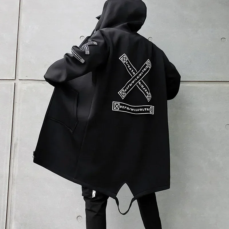 Customizable Spring Autumn Men Hooded Jackets Print Windbreaker Ribbon Overcoat Male Casual Outwear Hip Hop Streetwear Coats