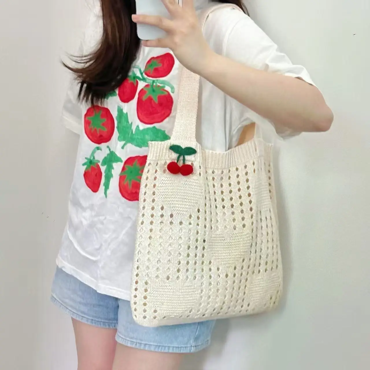 

Вязаная сумка-тоут с принтом вишни | Сумка через плечо в корейском стиле, большая пляжная сумка для покупок
