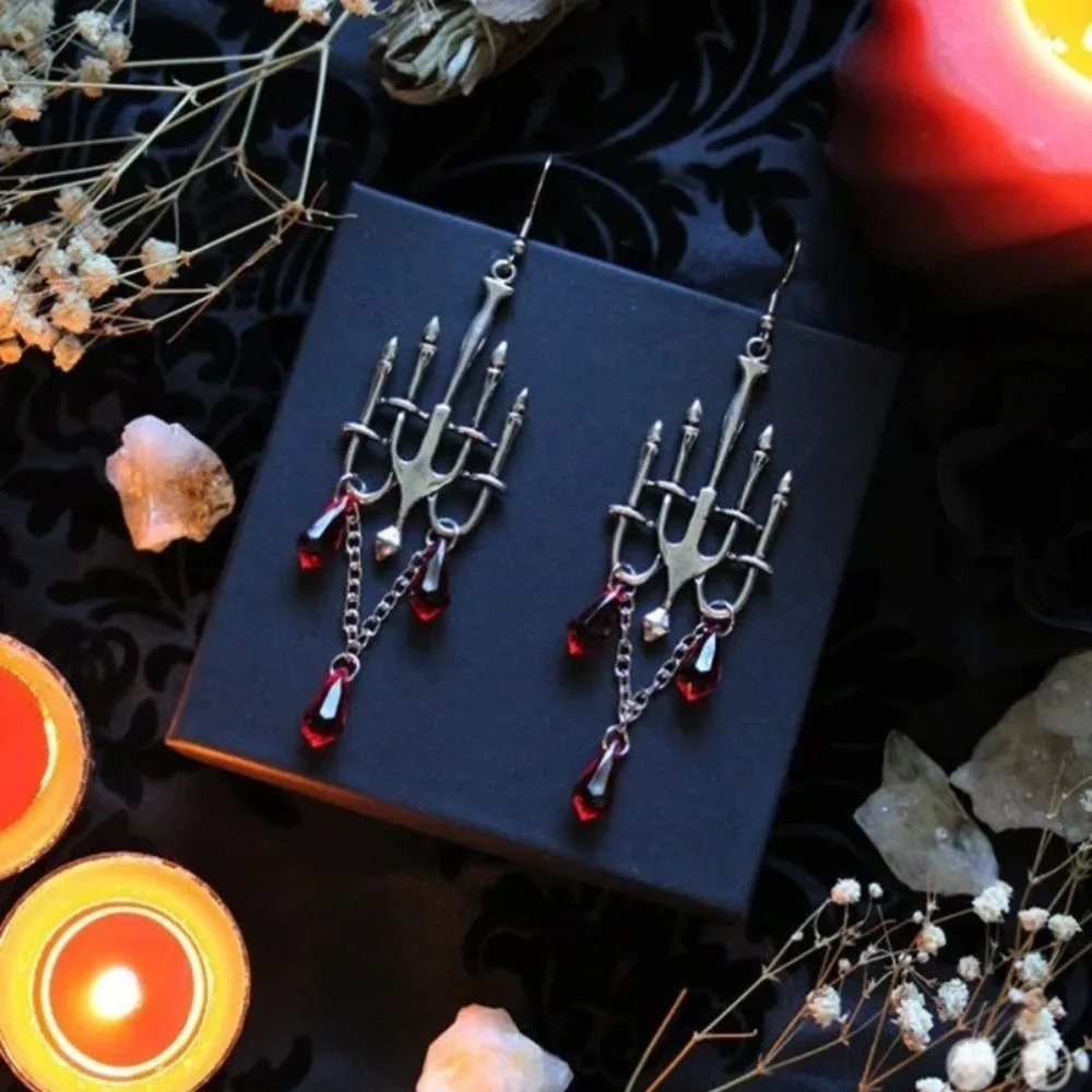 Gothic Personality Candlestick Red Crystal Tassel Dangle Earrings for Women Gothic Dark Style Castle Halloween Aesthetic Jewelry