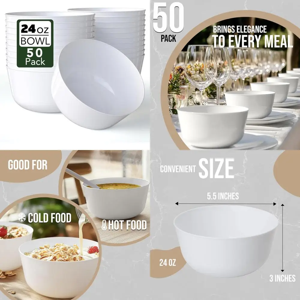 

24 Oz White Plastic Serving Bowls Set of 50, Ideal for Ice Cream, Salads, Candy, and More - Disposable Fancy Bowls for Parties a