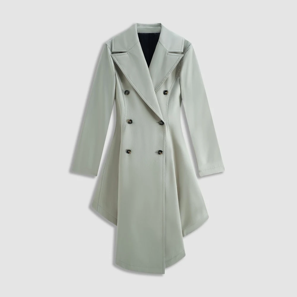 Women 100% Cotton Trench Jacket Notched Lapel Double Breasted Long Sleeve High Low Irregular Hem Elegant Slim Fit Ladies Coat