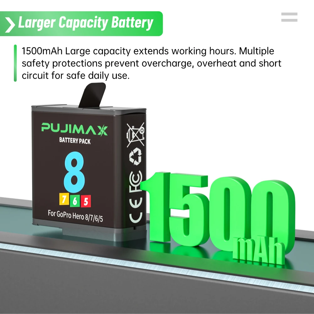 PUJIMAX 1500mAh 3.85V Rechargeable Battery Pack for GoPro Hero 8/7/6/5 Action Camera Lithium Battery Storage Charger Accessories