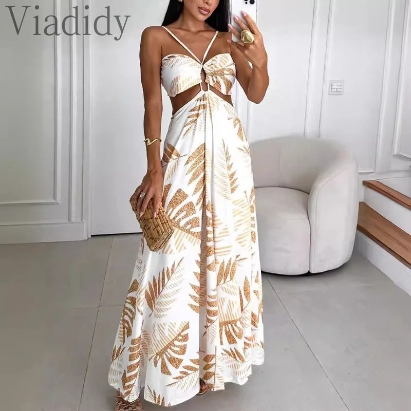 

Women Casual Sleeveless Halter Hollow Out Print Floor-length Maxi Dress