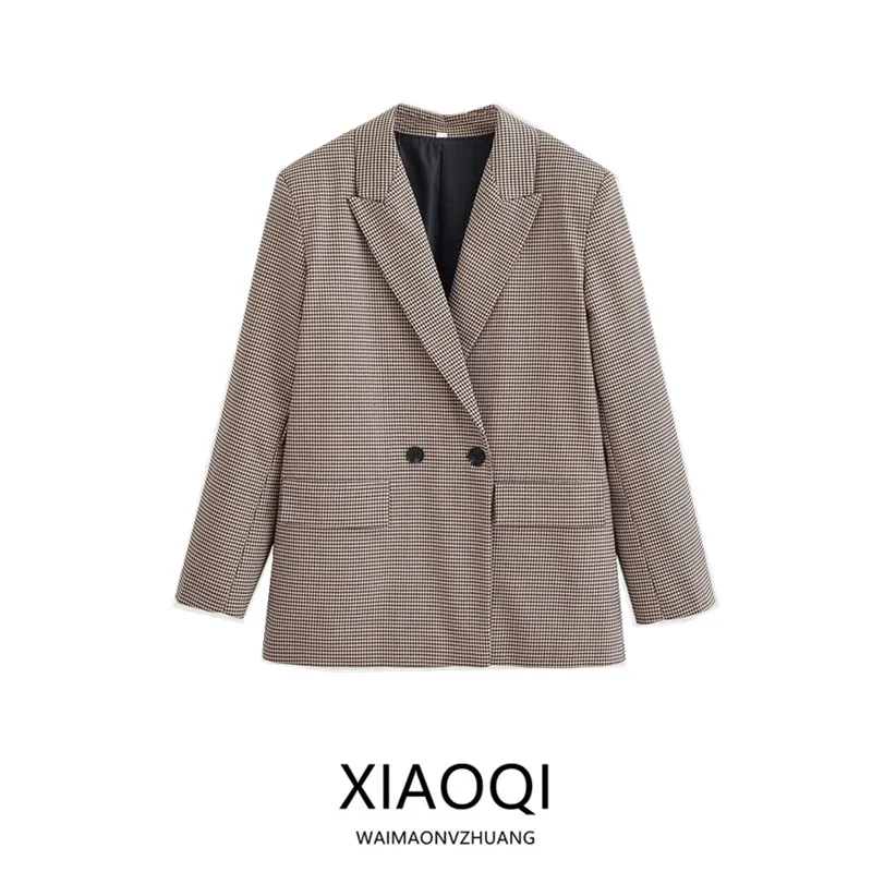 

Winter 2025 Women's Loose Fit Double Breasted Long Sve irt Collar Suit Jaet New Arrival Commute Sle Bird's Eye Pattern