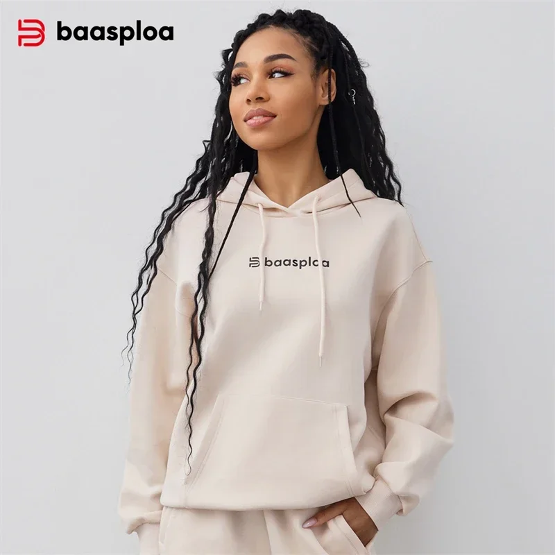 Baasploa Women Hooded Sweatshirts New Fashion Solid Color Pocket Loose Pullover Tops Female Casual Long Sleeve Hoodies