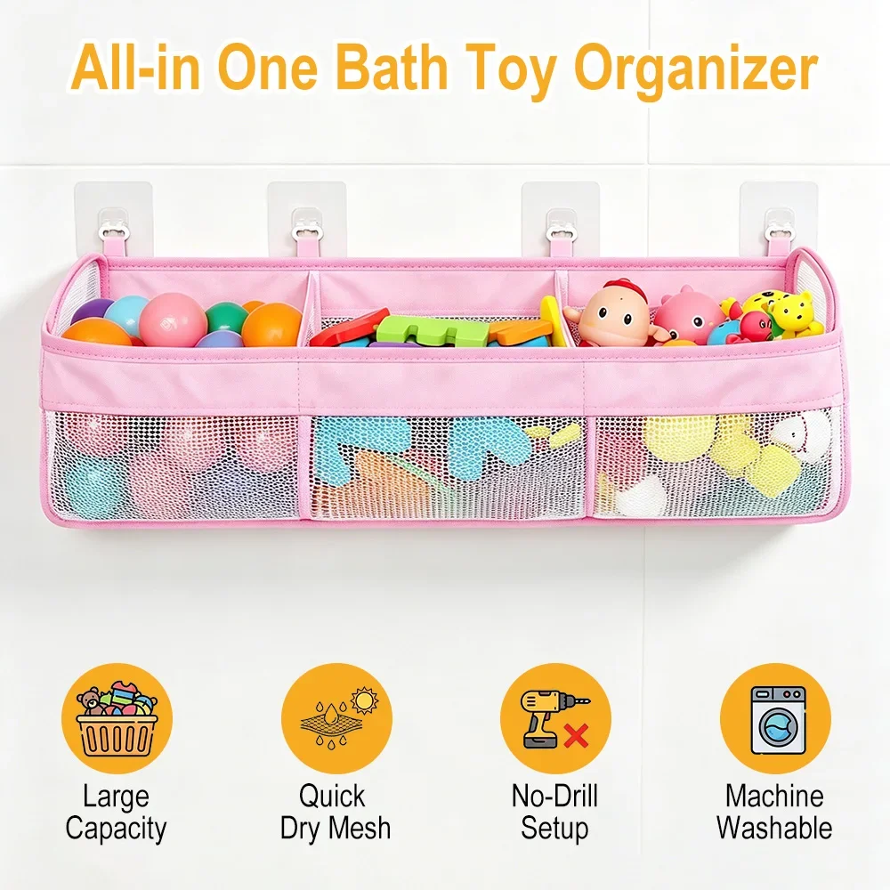 Breathable Mesh Bath Toy Storage Bag Large Openings 3 Compartment Waterproof Moisture Resist Kids Bathroom Toy Holder Organizer