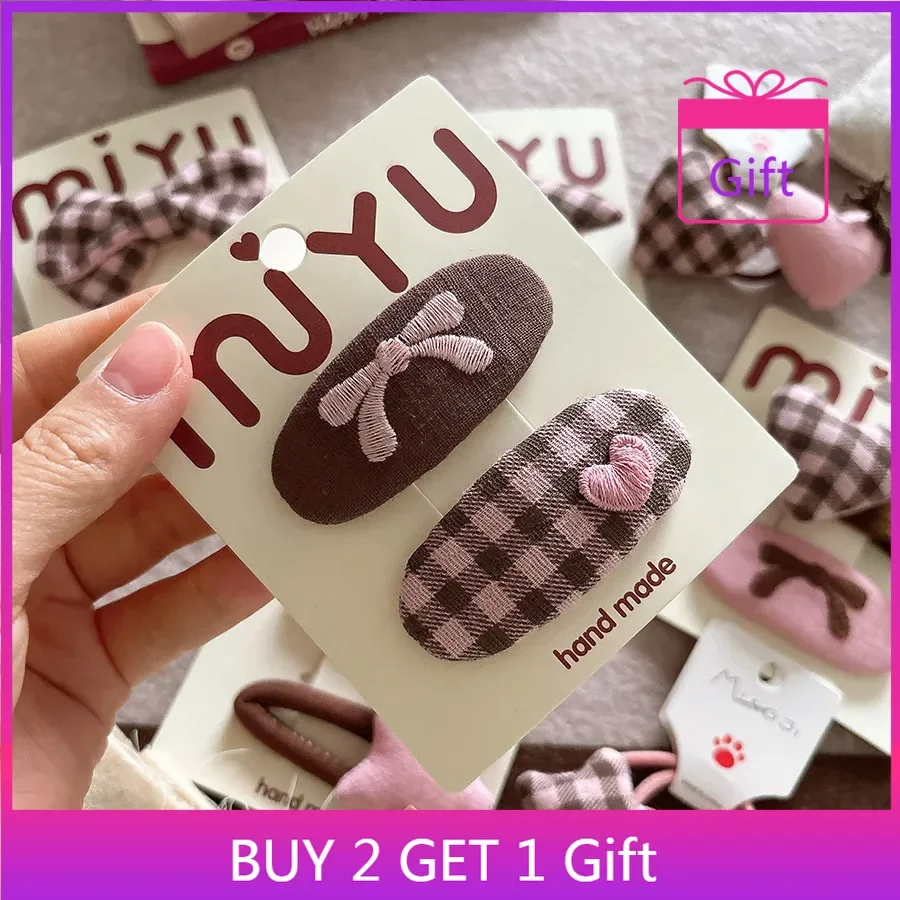 

Kids Side Hair Clips Korean Fabric Barrettes Brown Pink Bows Cute School Accessories Snag-Free Design with Polka Dot Ties
