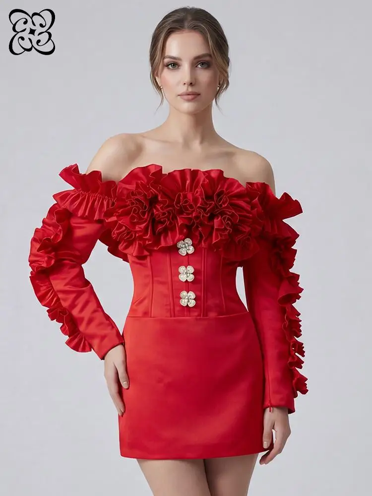 

Red Ruffle Off-Shoulder Mini Dress for Women Rhinestone Button Long Sleeve Bodycon Party Dress Elegant Cocktail Dress ropa mujer