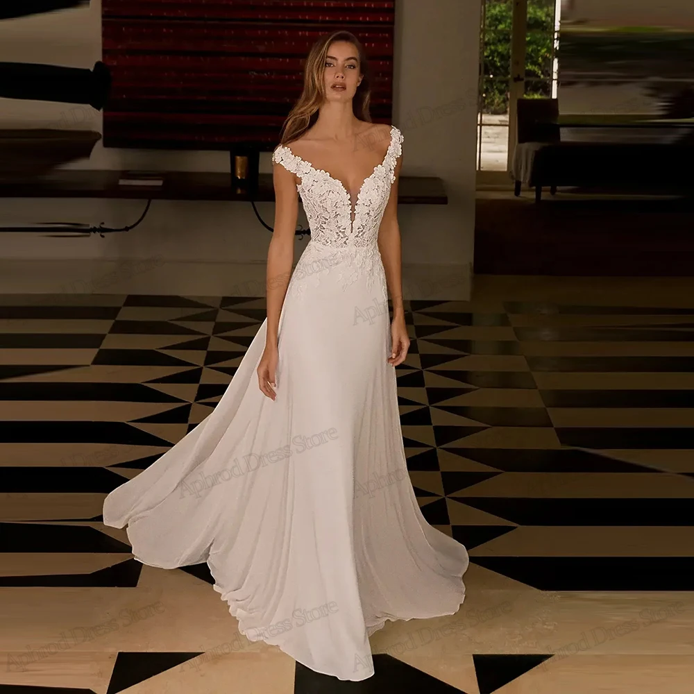 

Изящные свадебные платья, шифоновые свадебные платья трапециевидной формы, кружевные аппликации, глубокий V-образный вырез, без рукавов, Vestidos De Novia по индивидуальному заказу, 2025 г.