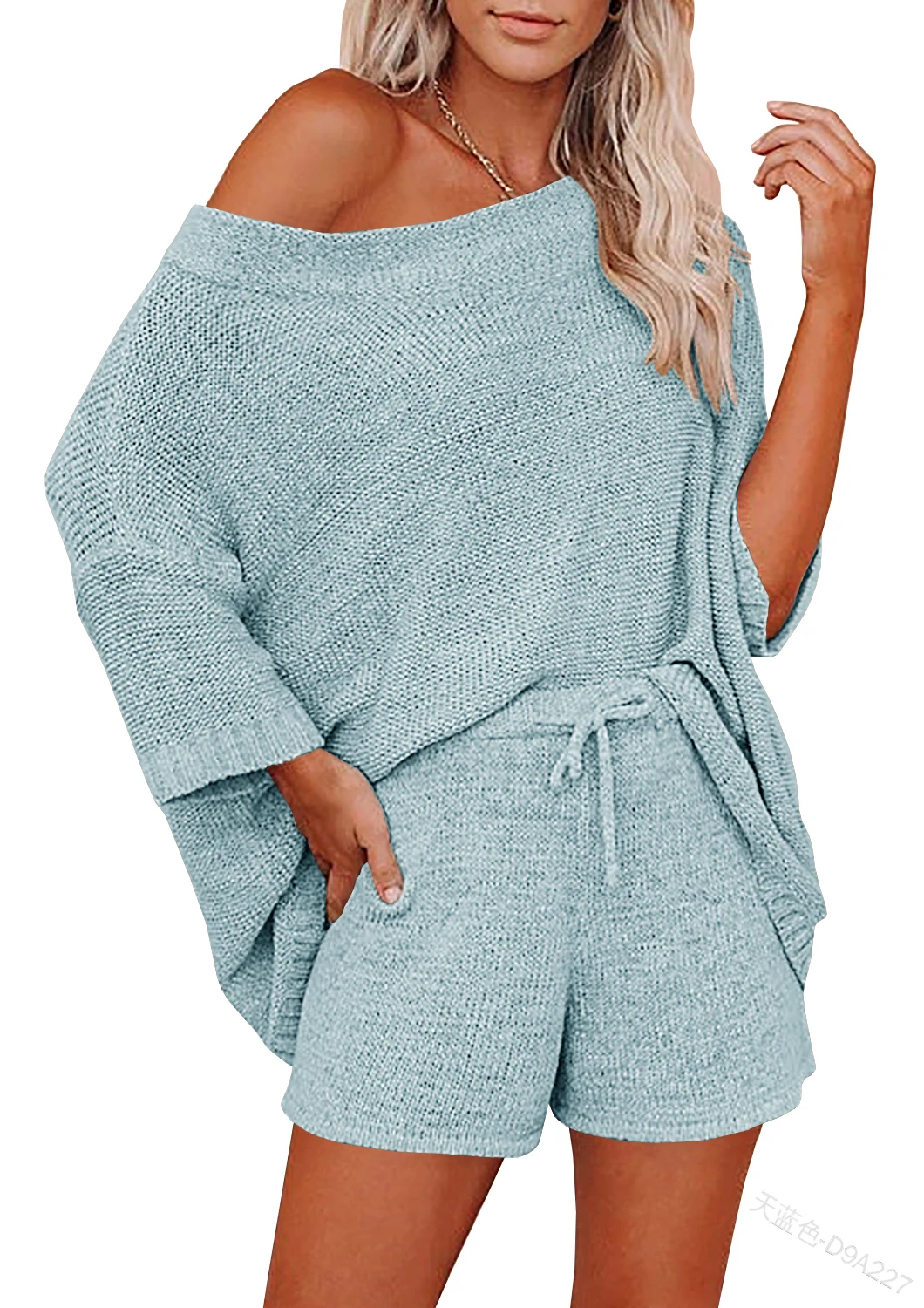 Women's 2 Piece Outfits Sweater Sets Off Shoulder Knit Top Shorts Matching Suits Cute Pajama Lounge Set