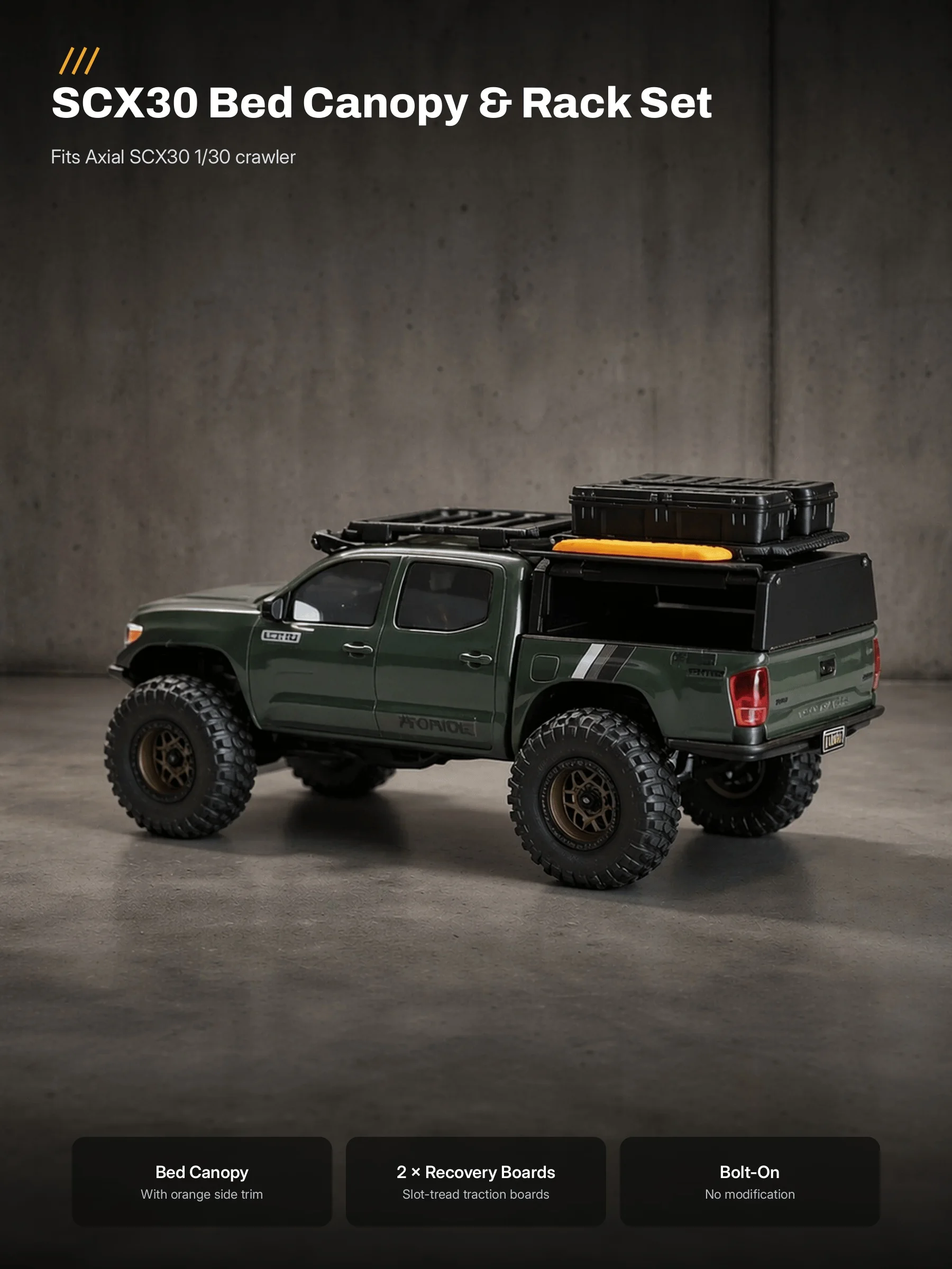SCX30 Bed Canopy Set for Axial SCX30, Recovery Boards & Roof Rack, 1:30 RC Crawler Scale Detail Parts, Bolt-On Fitment