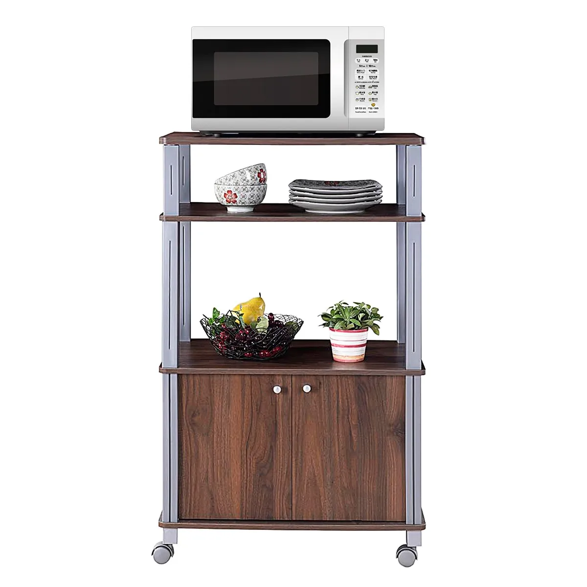 

3-Tier Trolley Microwave Oven Stand W/ Rolling Cart Kitchen House Use Walnut