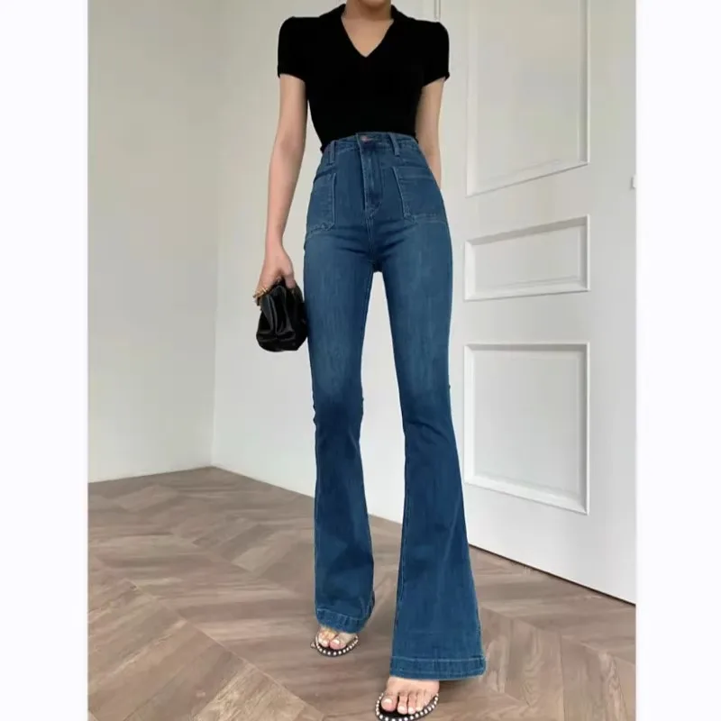 

Deep Blue High Waist Slimming Bell Bottom Denim Jeans Women's Spring Summer New Style High Elasticity Cotton Polyester Blend