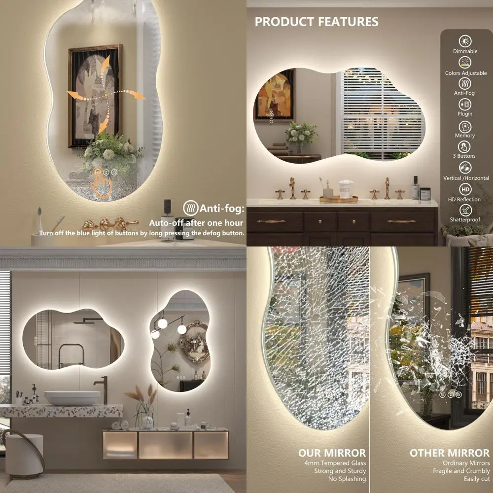 

40x24 Inch Asymmetric LED Cloud Mirror, Backlit Vanity, Anti-Fog, Dimmable, 3 Color Options, Memory Function