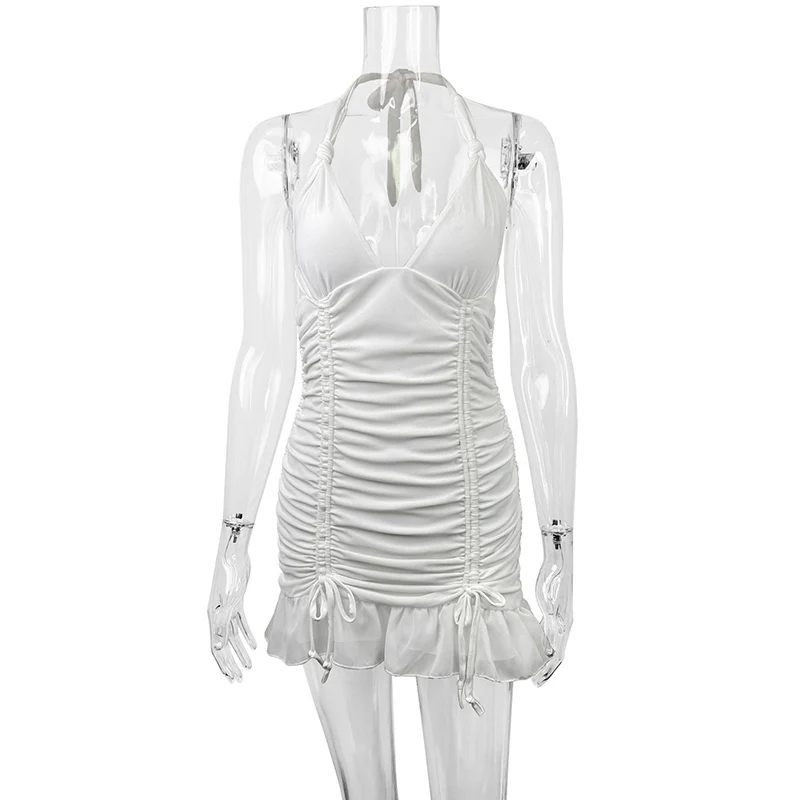 화이트 교수형 목 깊은 V 넥 드레스 여성 여름 Drawstring Ruffles Bodycon Dress 여성 민소매 백리스 파티 드레스