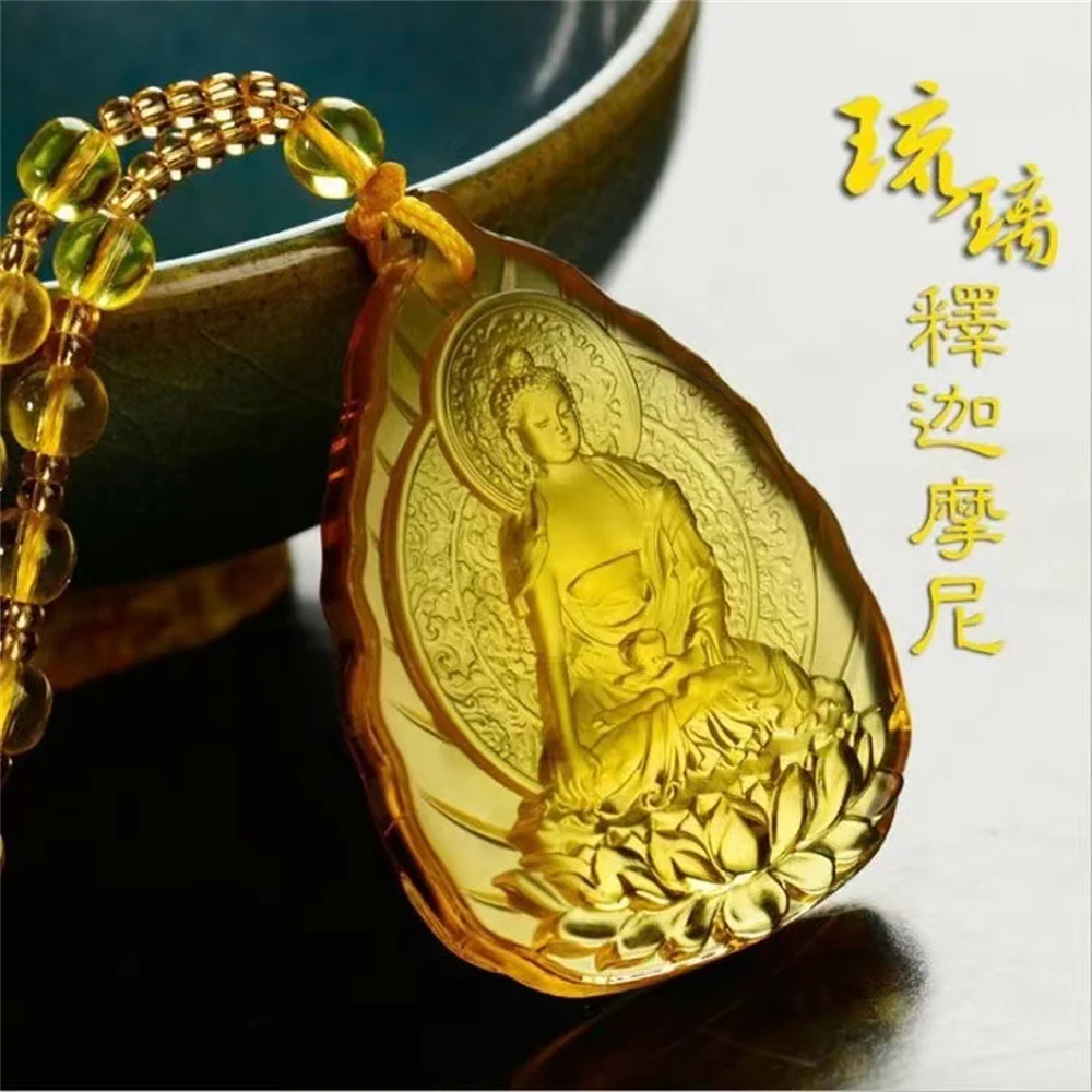 Charm Topaz Hand Carved Buddha Ice Yellow Crystal Lucky Pendant Tibetan Buddhism Religion Amulet Necklaces Trendy Gift Jewelry