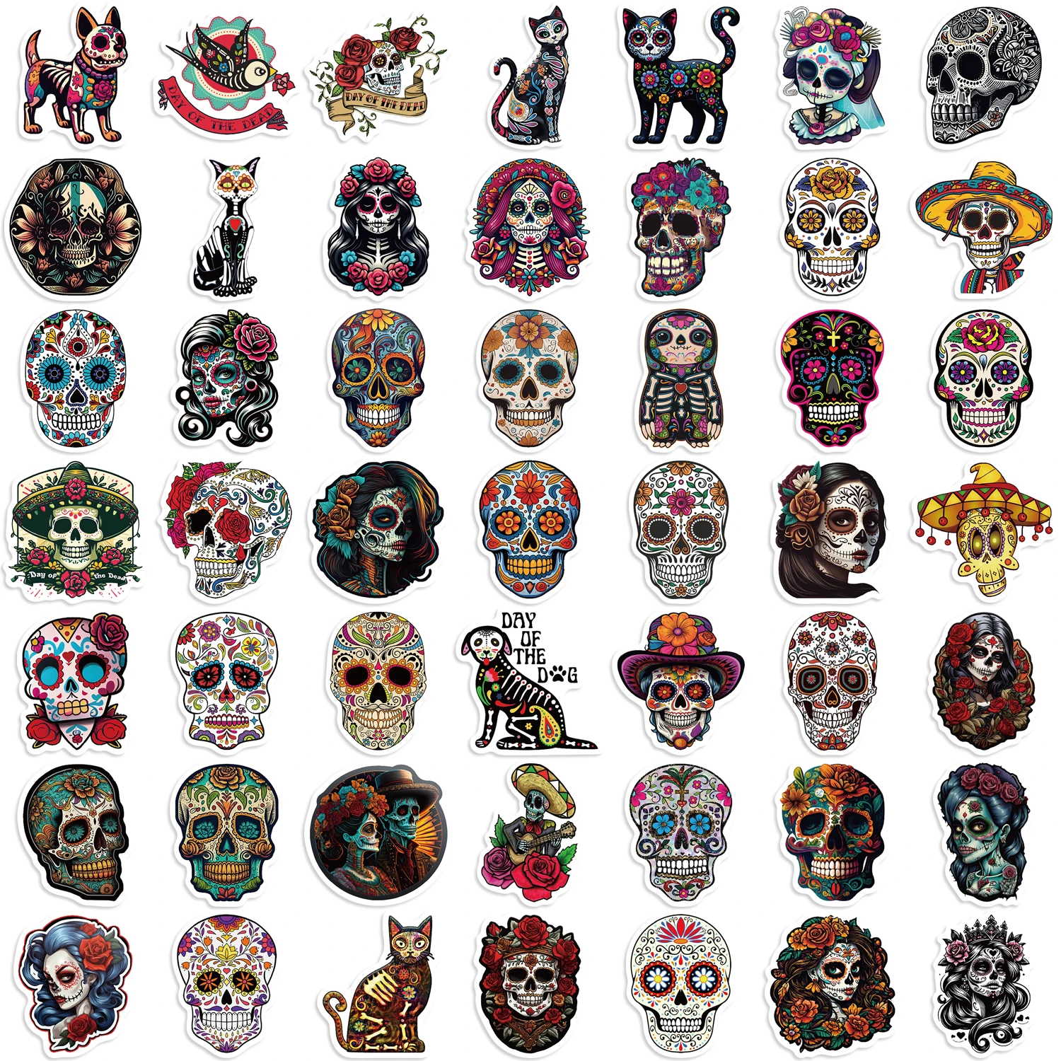 50PCS Mexican Day of the Dead Headbone Graffiti Sticker Skateboard Suitcase Guitar Kettle Deco Laptop Skin Waterproof Phone Case