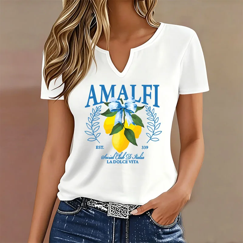 Women V Neck T-shirt Amalfi Italy Lemon Bow Print Short Sleeve Tee Casual Loose Graphic Tops La Dolce Vita Summer Clothes