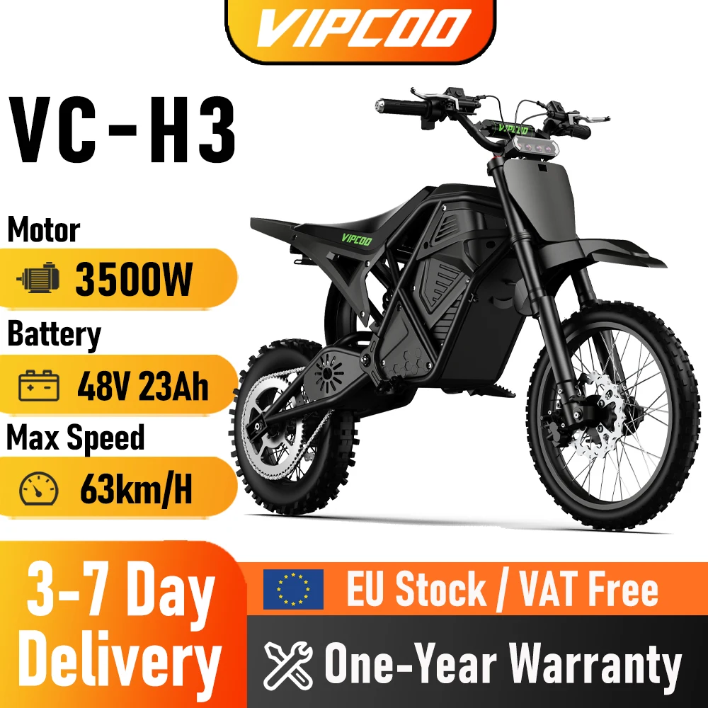Moto électrique tout-terrain VIPCOO H3 3500W 48V 23AH, moto électrique à pneus larges, suspension à l'azote, moto électrique tout-terrain pour adolescents et adultes