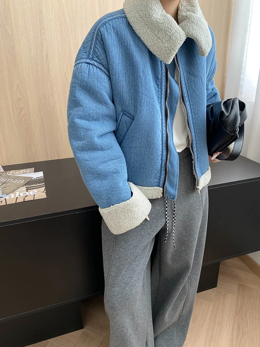 

Women's casual solid color high-end imitation lamb fur integrated large collar denim jacket