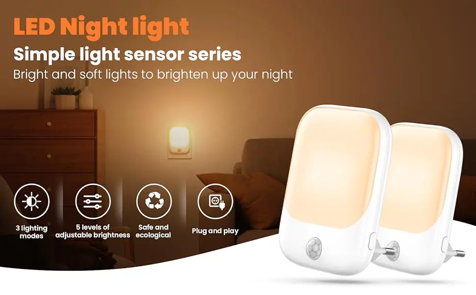 2pcs Night Light Socket with Motion Sensor, Night Light 3-Level Brightness Adjustment (On/Auto/Off), 2700K Warm White Night