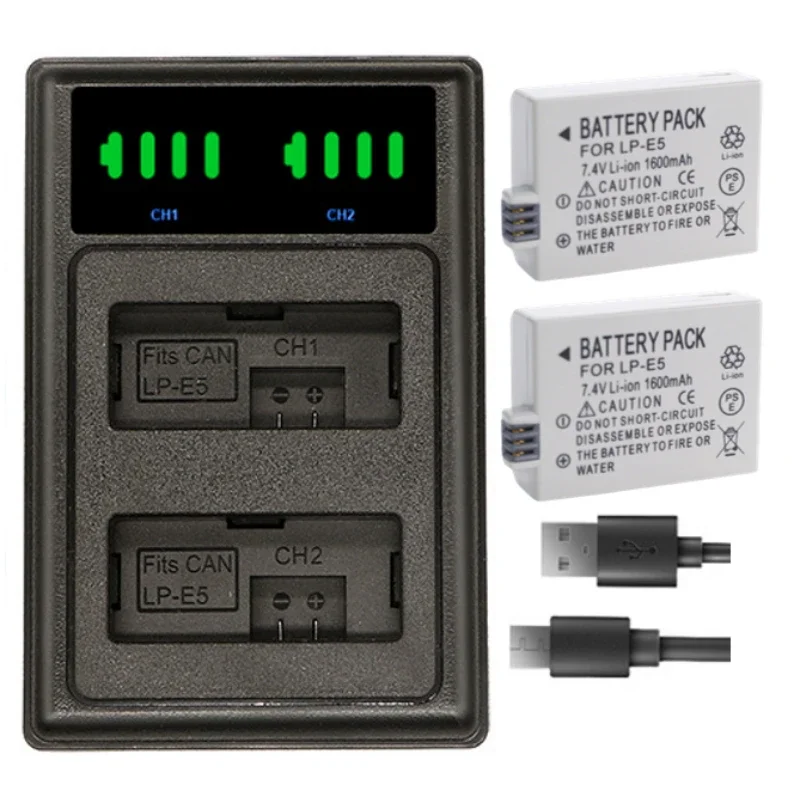 Cargador dual LED de batería LP-E5 LP E5 LPE5 de 1600mAh para Canon EOS Rebel XS, Rebel T1i, Rebel XSi, 1000D, 500D, 450D, Kiss X3,X2,F