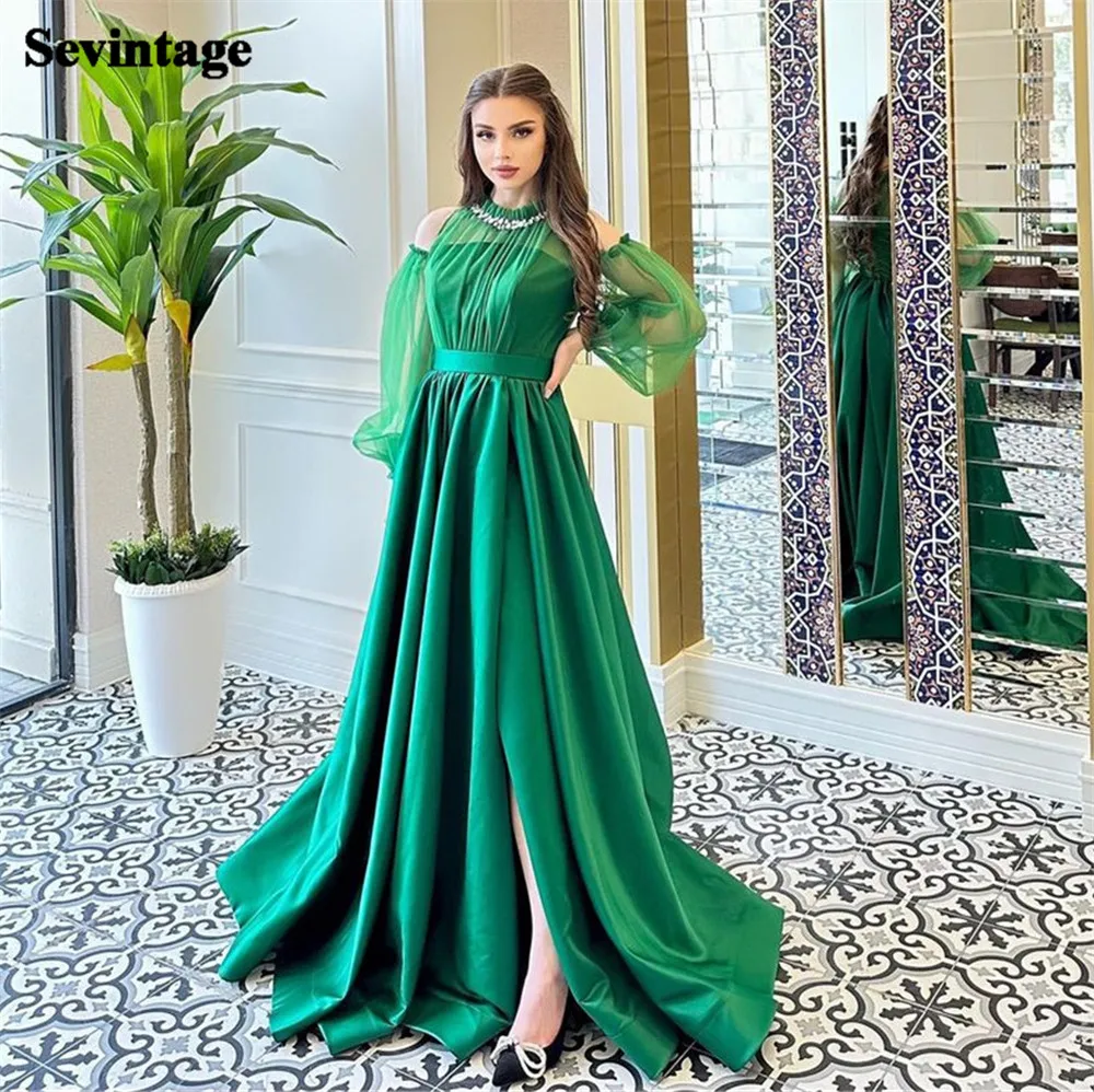 

Sevintage Green Satin Prom Gown Off The Shoulder O-Neck Party Dresses A-Line Pleat Ruched Beading Women Evening Gowns Outfits