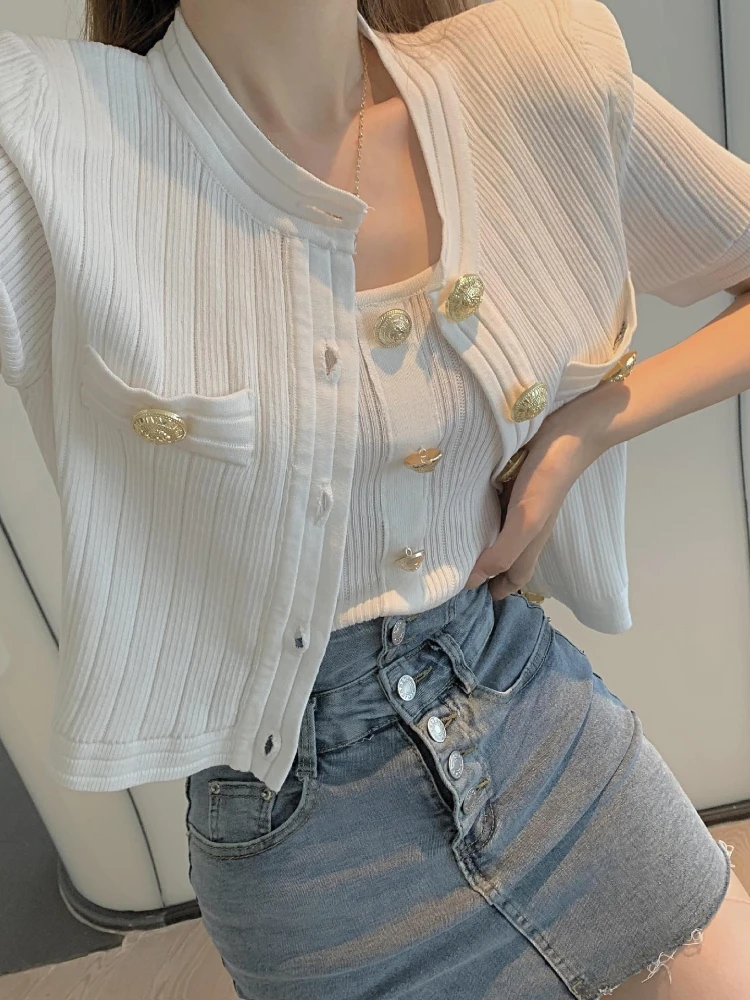 Fashion Knitted Shirt Women\'s Summer New Sweater Jacket Fit Metal Button Short Sleeved Knit Wears Top Female Trendy 2 Piece Sets