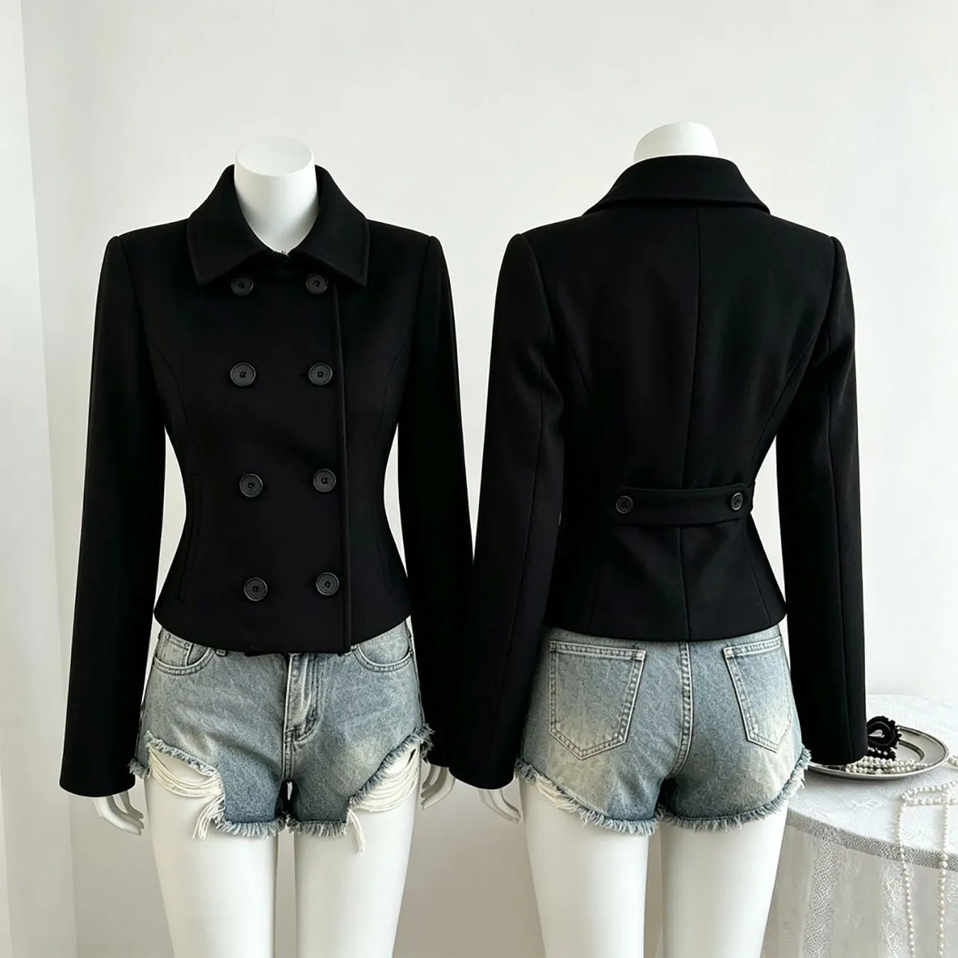 Autumn and winter fashion casual jacket slim fit solid color black gray double breasted lapel jacket
