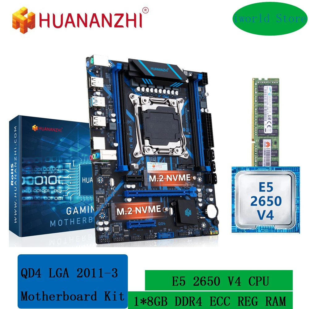 

HUANANZHI X99 QD4 LGA 2011-3 XEON Motherboard Kit with Intel E5 2650 V4 and 1*8G DDR4 RECC Memory Combo Set M.2 NVME NGFF SATA