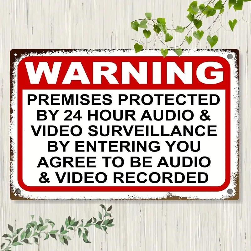2D Flat 24 Hour Audio And Video Surveillance Warning Sign Metal Security Notice with Red Edges Ideal for Residential Commercial