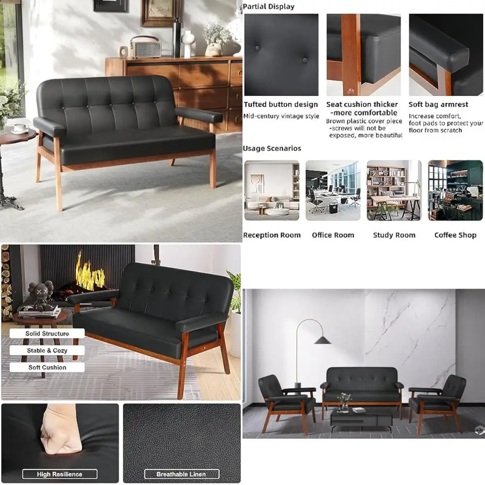 

Mid Century Modern Small Office Loveseat Sofa, Black Faux Leather with Wood Arms