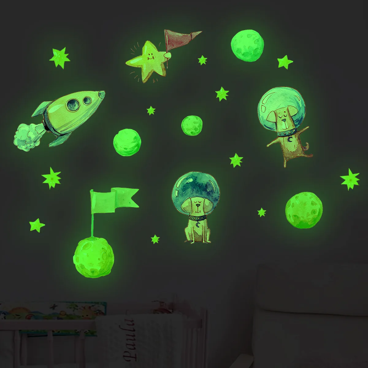 

Cartoon Puppy Astronaut Planet Spaceship Luminous Sticker Glow In The Dark For Children's Room Fluorescent Decals Room Decor