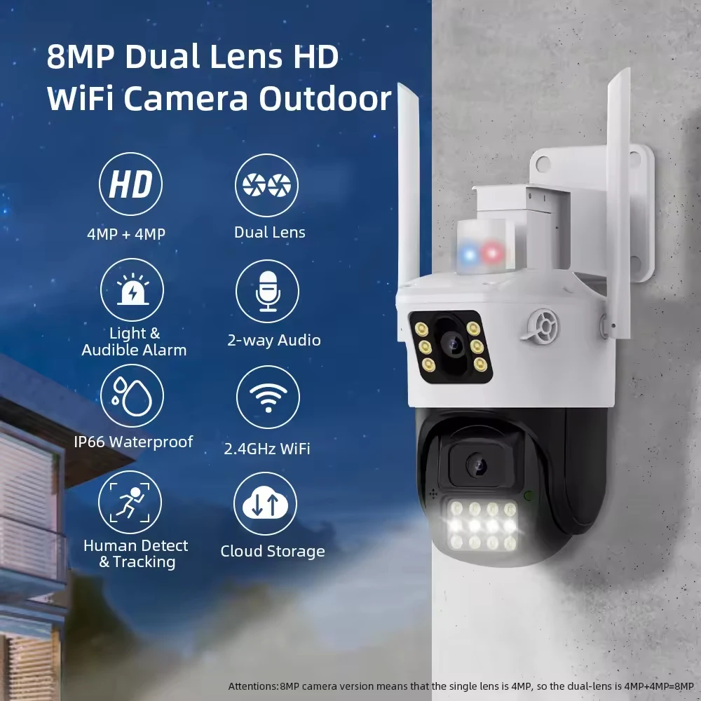 8MP Outdoor Dual Len WiFi Camera ICsee 360 PTZ 4K HD Dual Screen Color Night Vision Security IP Camera Video Audio Surveillance