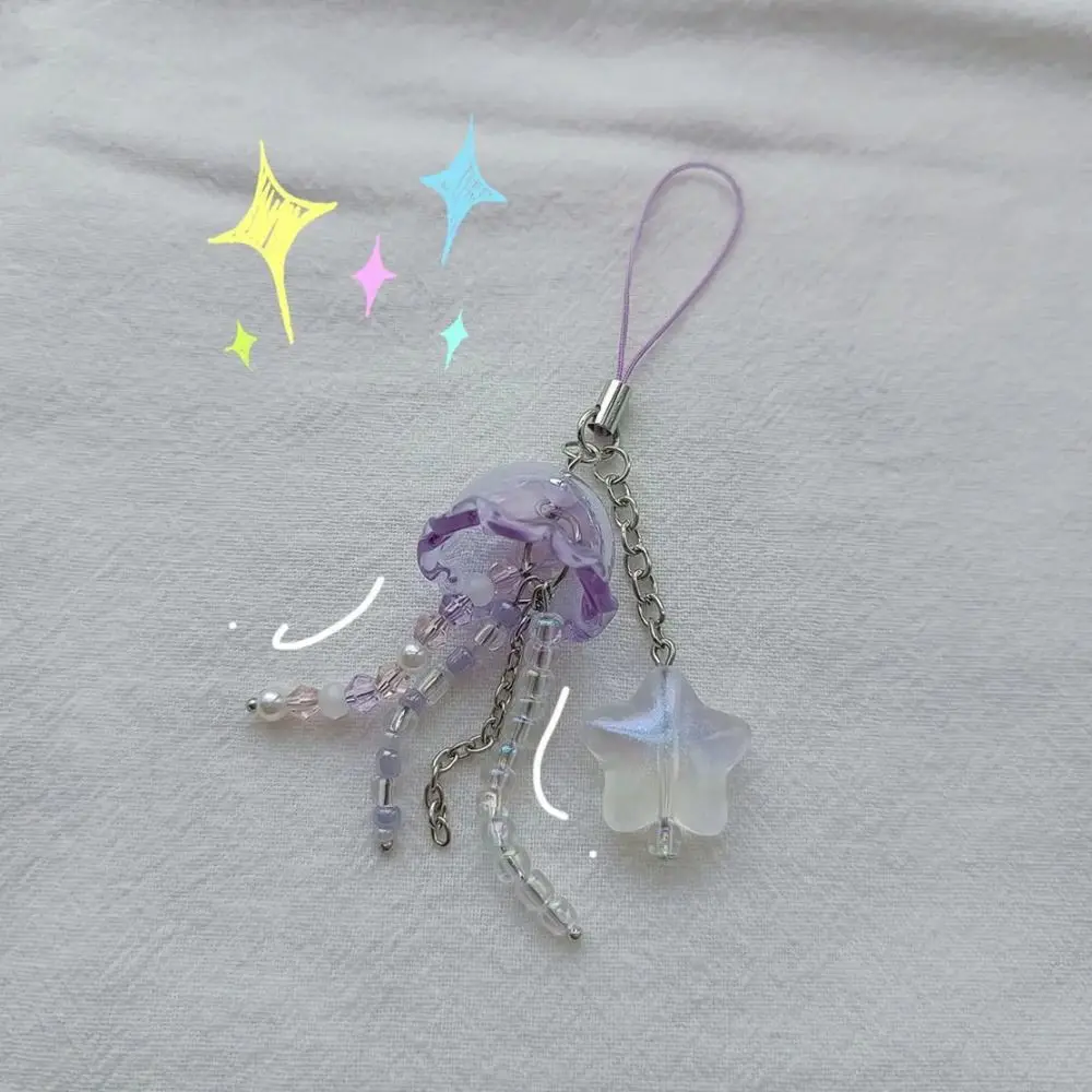 New Purple Pink Jellyfish Key Chain with Star Cottage Core Y2K Beaded Phone Charm Key Chain Handmade Key Ring