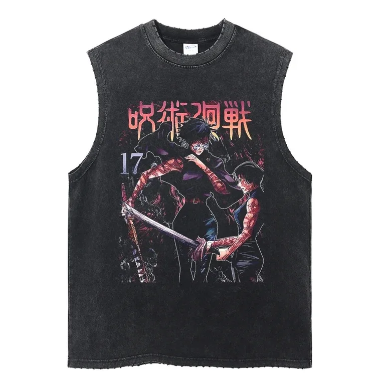 

Jujutsu Kaisen Japanese Anime Printed Washed Vest for Men and Women Retro Oversized Ventilate Summer Tank Top Street Wear