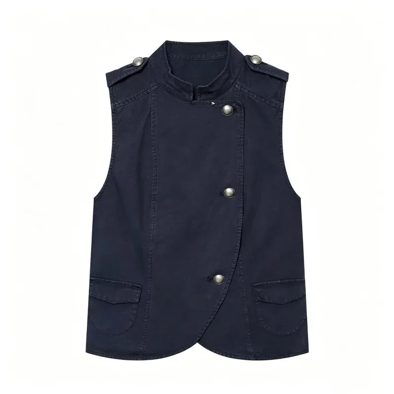 2026 Women S Minimalist Outfit Stand Collar Vest Casual Sleeveless Jacket with Functional Side Pockets for Daily Wear