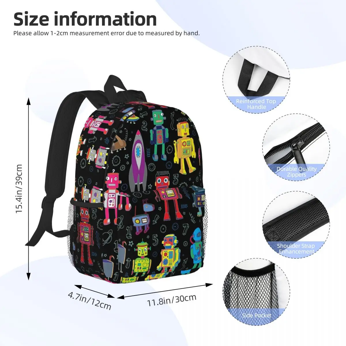 Robots In Space - Black - Fun Pattern By Cecca Designs Backpacks Boys Girls Bookbag Children School Bags Rucksack Shoulder Bag