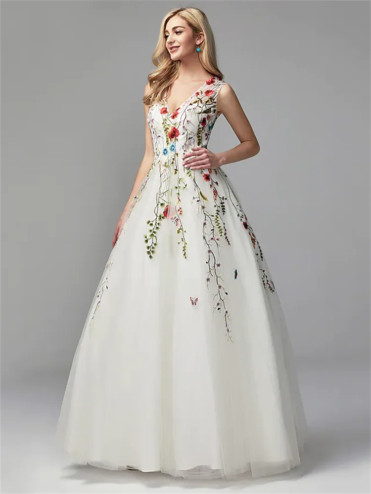 A-Line Special Occasion Dresses White Dress Homecoming Floor Length Sleeveless V Neck Lace Tulle with Embroidery Appliques