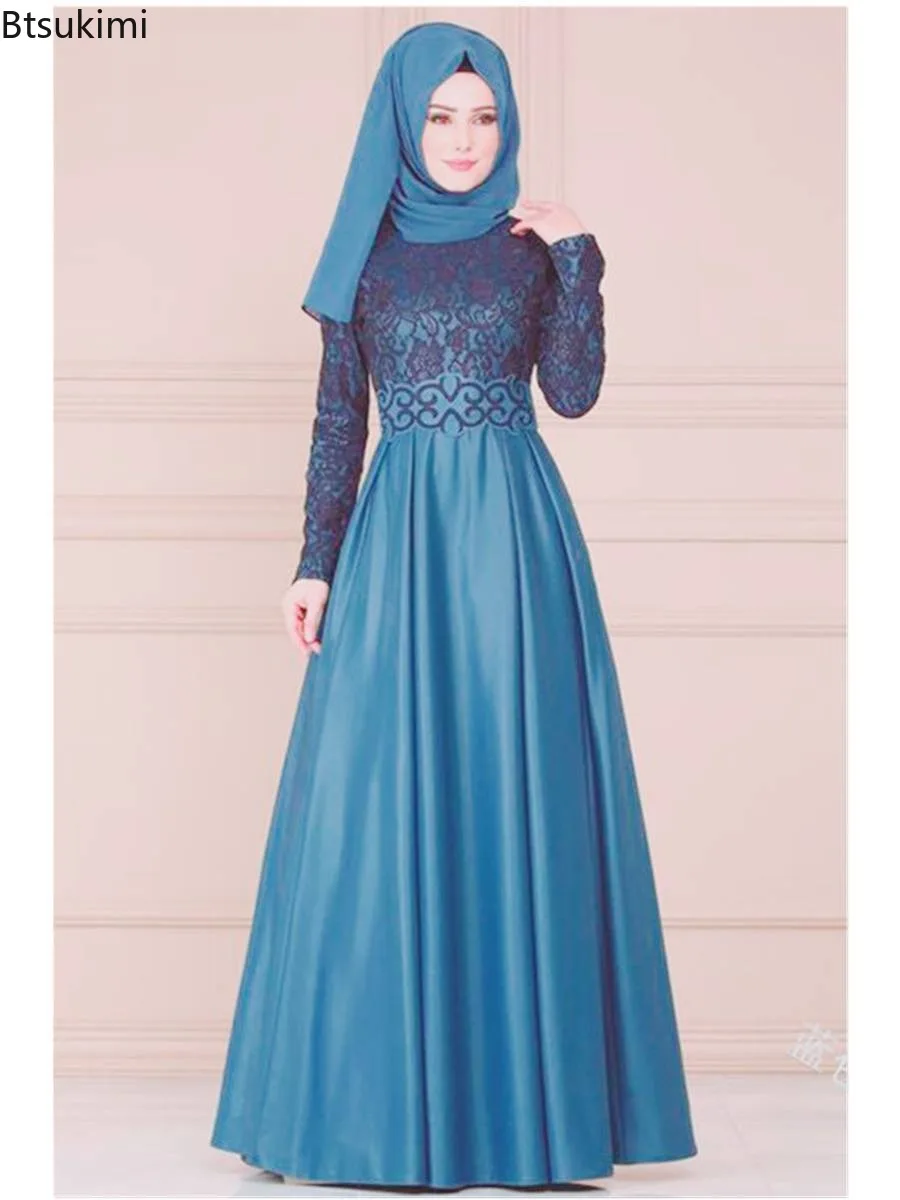 Fashion Lace Patchwork Abayas Muslim Maxi Dress for Women Ethnic Style Elegant Party Evening Dress Ladies Vintage Robe Vestidos