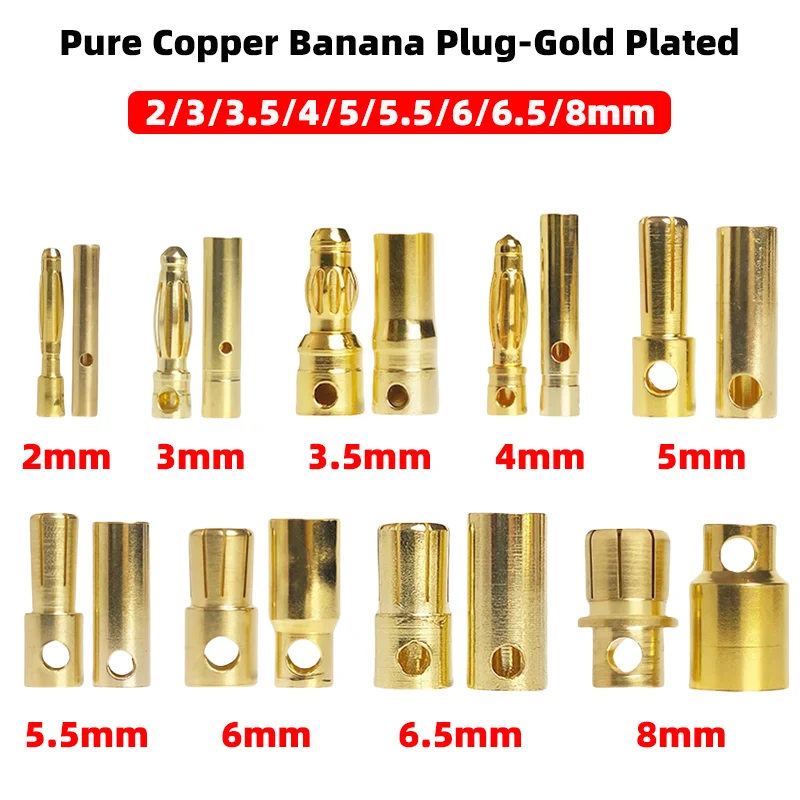

40pcs 2/3/3.5/4/5/5.5/6/6.5/8mm Aircraft model pure copper Banana Plug Gold Plated Copper Brushless Motor Bullet Connector