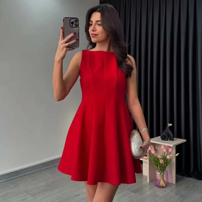 TRAF vestido de mujer rojo marrón blanco Borgoña negro Vestidos verano 2025 Mini cuello redondo sin mangas vestido veraniego elegante Vestidos de moda