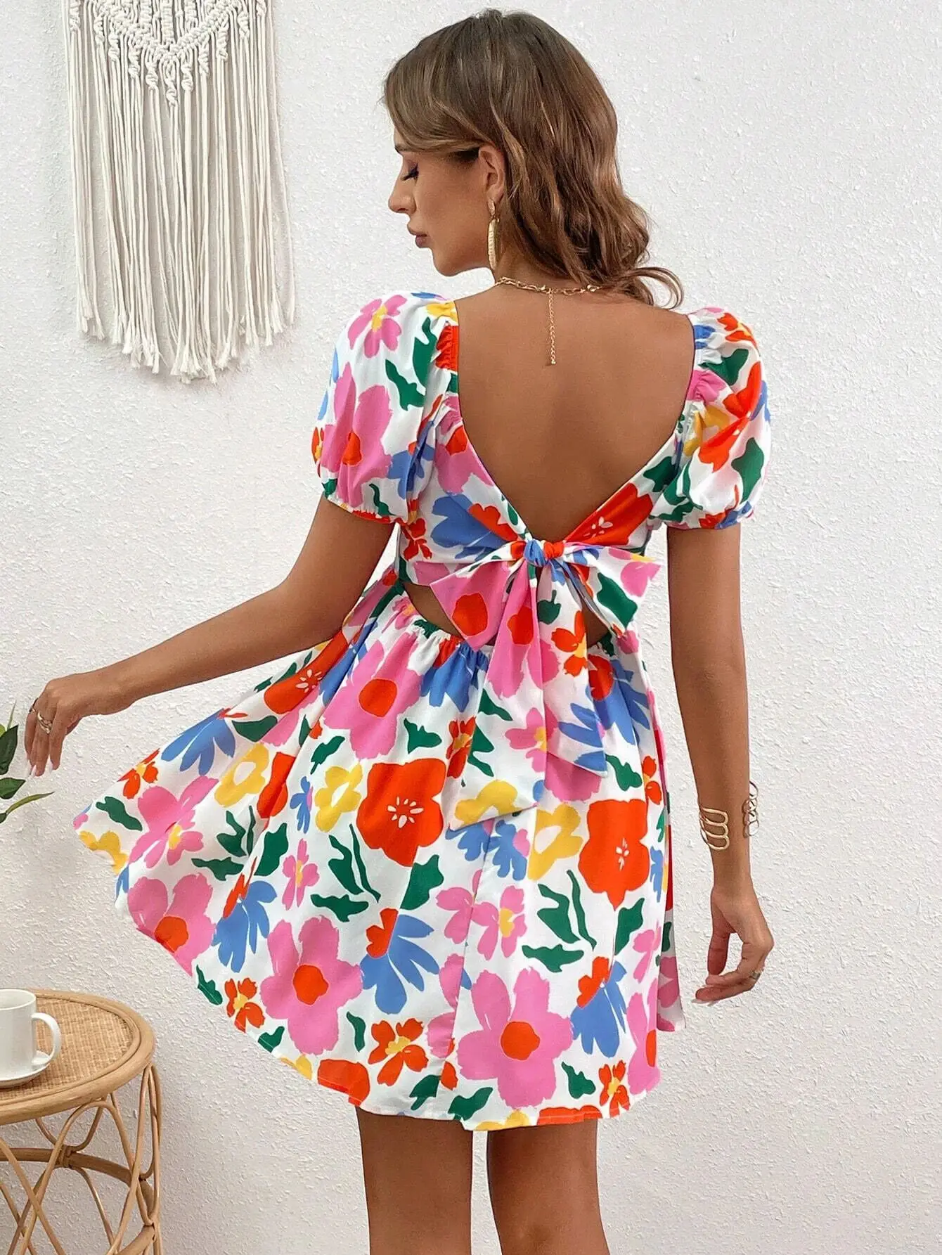 

2024summer Female Sundress Beach Holiday Women's Bohemian Short Sleeve Dress Printed Bubble Sleeve Mini Dresses Women's Clothing