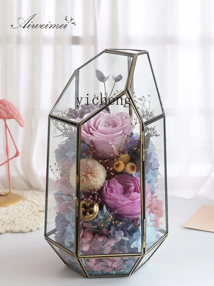 ZK Preserved Fresh Flower Rose Glass Cover Greenhouse Sunflower Dried Bouquet Gift Box Decoration Valentine's Day Gift