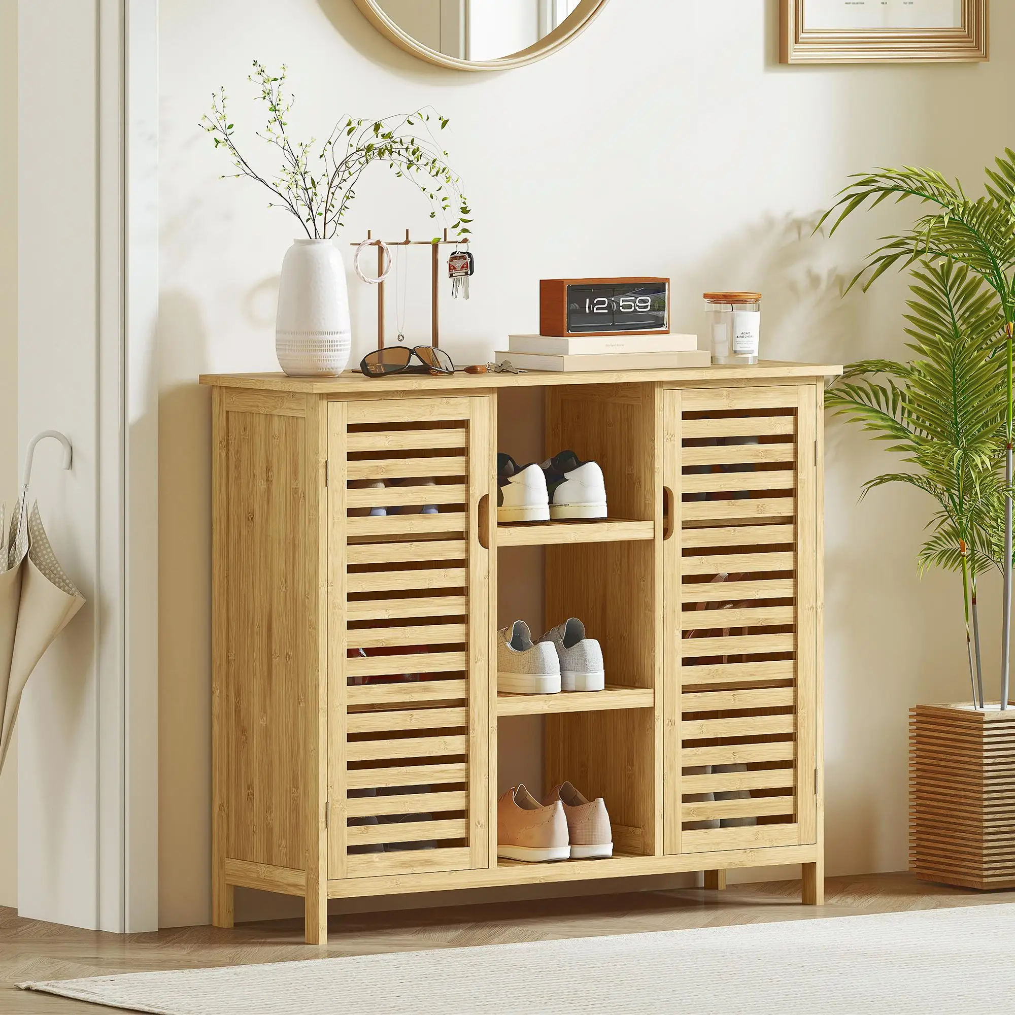 Meuble à chaussures en bambou naturel 100x33x86 cm avec portes à lattes, ventilé par ventilateur manuel, noir, pour usage domestique