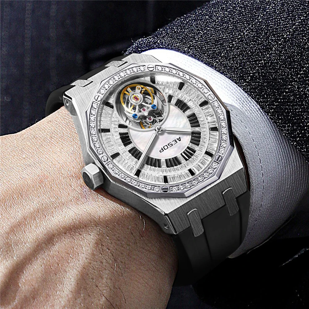 AESOP Automatic Tourbillon Mechanical Skeleton Watch For Man Watches Waterproof Wristwatches Sapphire Mirror Diamond luxury new