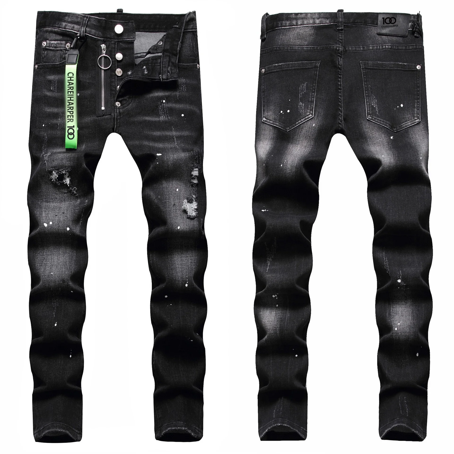 plus size 1056 Hipster men's jeans Hipster men's personality ripped and scraped fashion pants Black paint splattered stretch pa